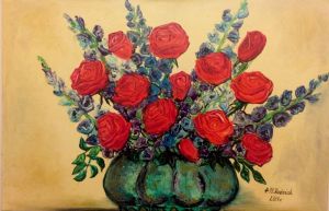 Obraz - Bukiet czerwonych róż z ostróżką